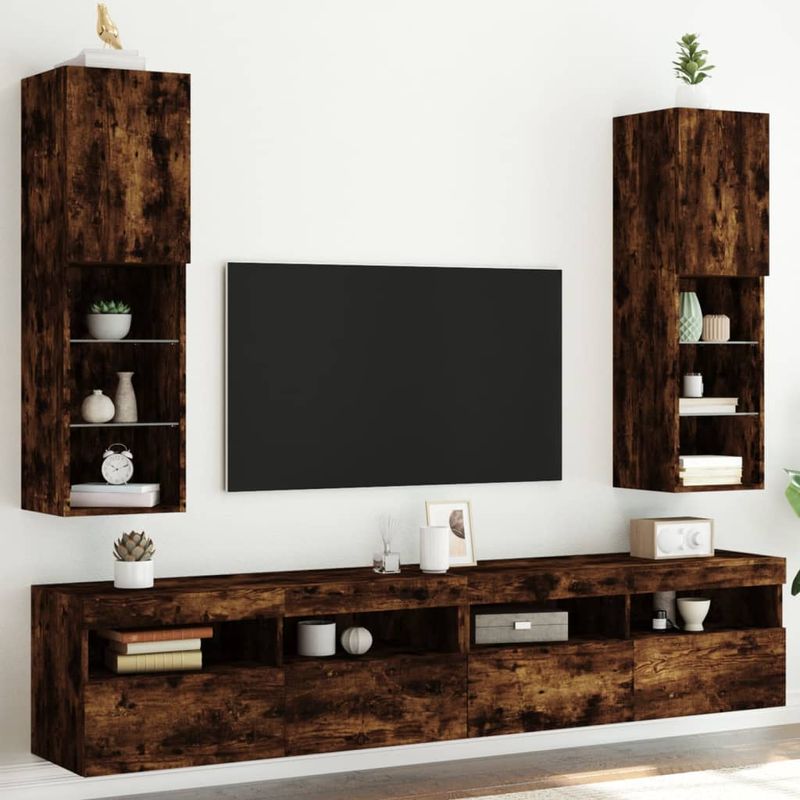 Casa si Gradina - Mobilier - Comode si corpuri - Comode - Comode TV cu lumini LED, 2 buc., stejar fumuriu, 30,5x30x102 cm - Infinity.ro