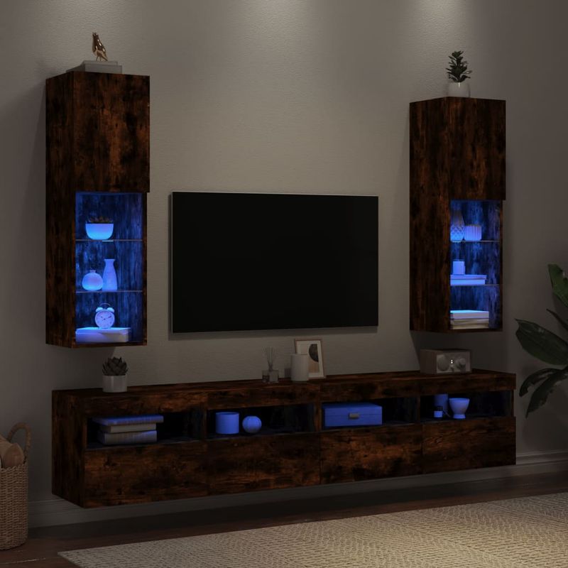 Casa si Gradina - Mobilier - Comode si corpuri - Comode - Comode TV cu lumini LED, 2 buc., stejar fumuriu, 30,5x30x102 cm - Infinity.ro