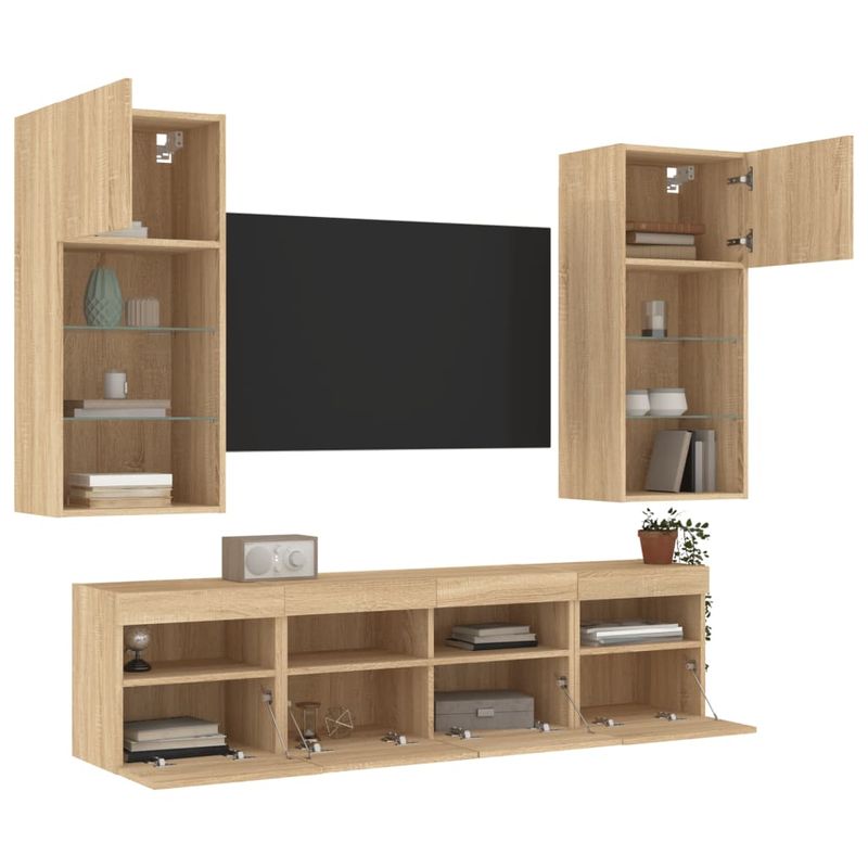 Casa si Gradina - Mobilier - Comode si corpuri - Comode - Unitati de perete TV cu LED-uri, 5 piese, stejar sonoma, lemn - Infinity.ro