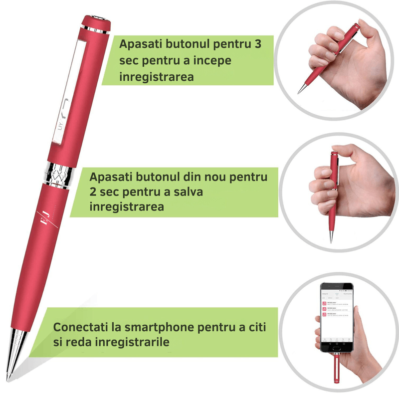 Laptop, Telefoane si Tablete - Wearables si gadgeturi - Gadgeturi - Dispozitive spionaj - Pix cu microfon ascuns, autonomie 10 ore, MP3 Player, 32GB, rosu - D3191 - Infinity.ro