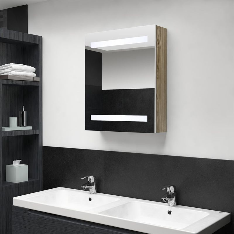 Casa si Gradina - Mobilier - Mobilier baie - Corpuri baie - Dulap de baie cu oglinda si LED, alb si stejar, 50x14x60 cm - Infinity.ro