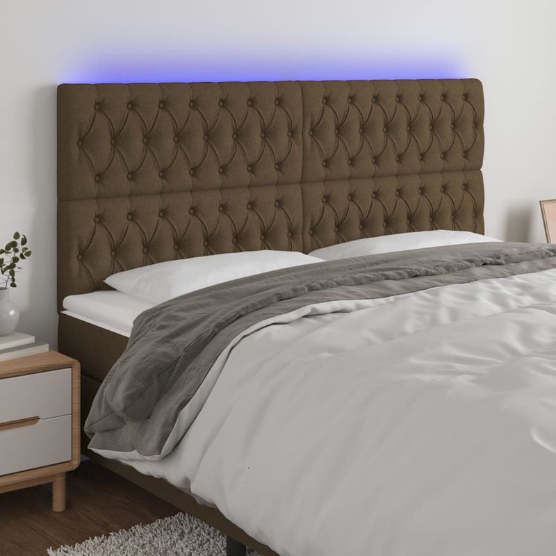 Casa si Gradina - Mobilier - Paturi si accesorii - Accesorii paturi - Tablie de pat cu LED, maro inchis, 180x7x118/128 cm, textil - Infinity.ro