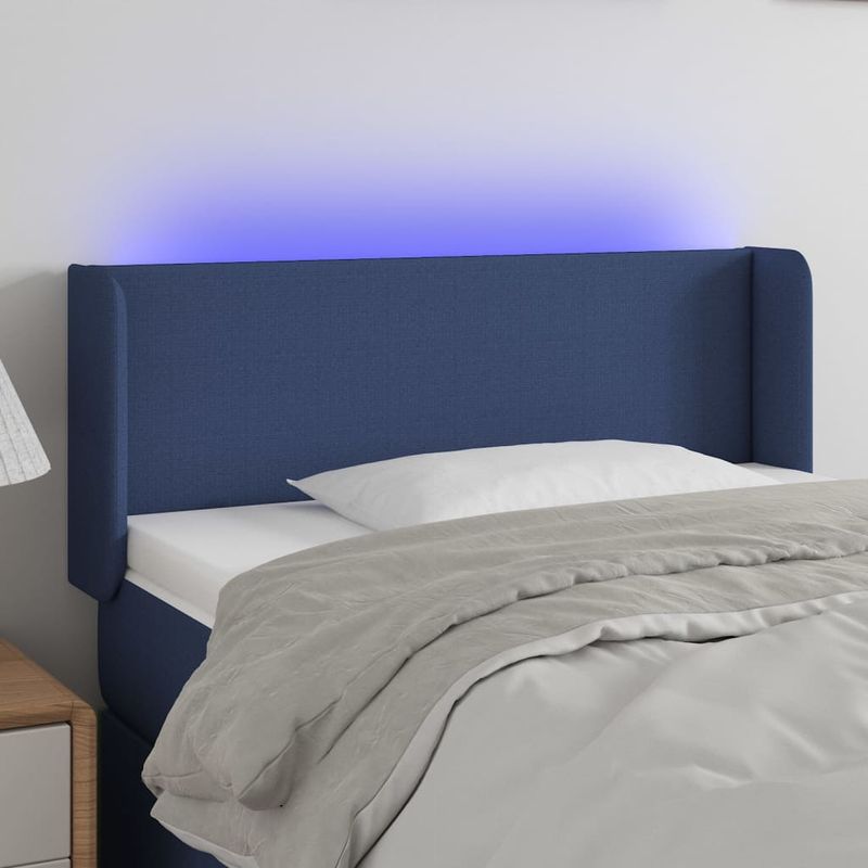Casa si Gradina - Mobilier - Paturi si accesorii - Accesorii paturi - Tablie de pat cu LED, albastru, 83x16x78/88 cm, textil - Infinity.ro