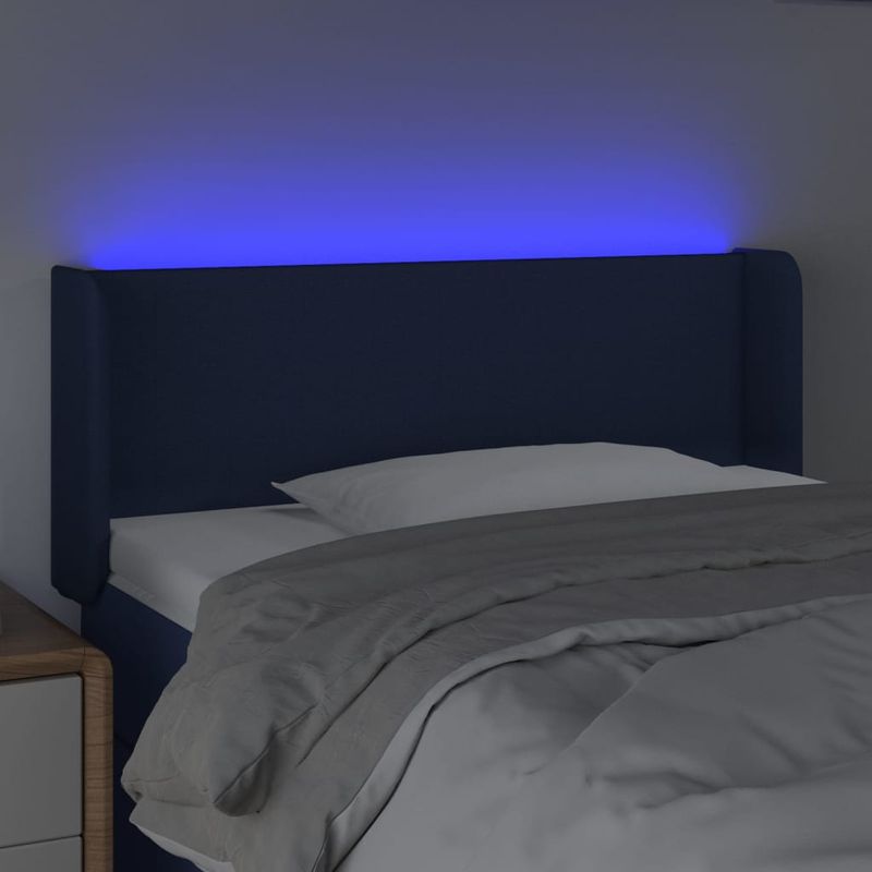 Casa si Gradina - Mobilier - Paturi si accesorii - Accesorii paturi - Tablie de pat cu LED, albastru, 83x16x78/88 cm, textil - Infinity.ro