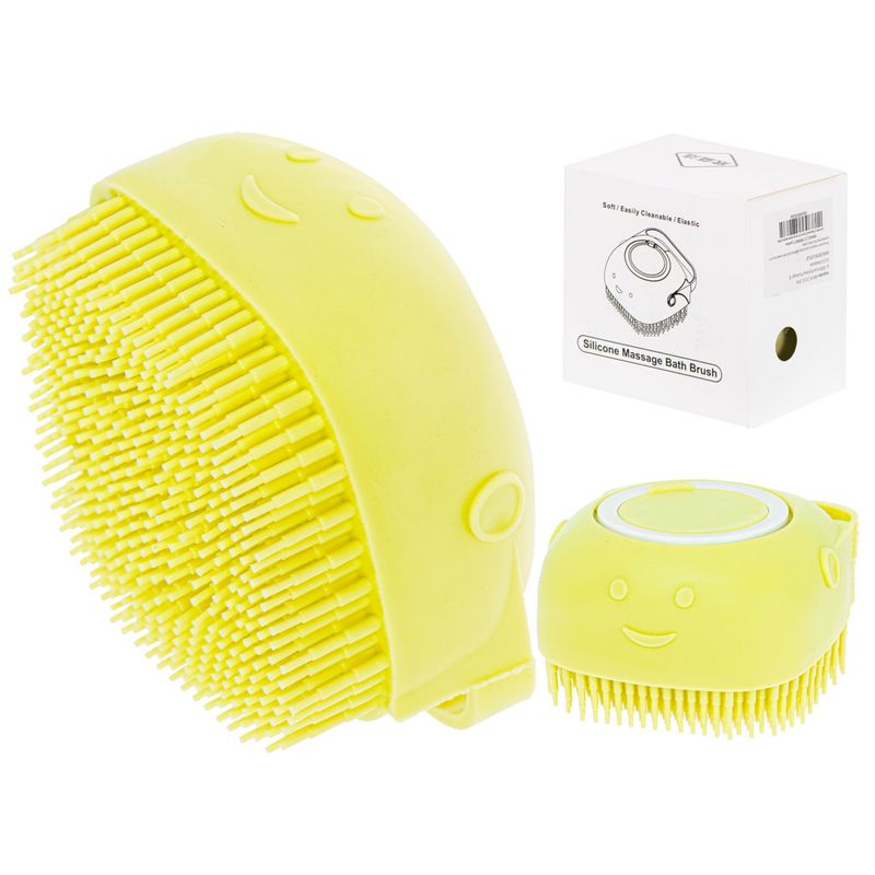 Petshop - Ingrijire si Igiena - Produse uz extern - Perii si manusi - Perie din silicon cu dozator de sampon pentru spalare caini sau pisici, 7.5 x 7.5 cm, culoare galben - Infinity.ro