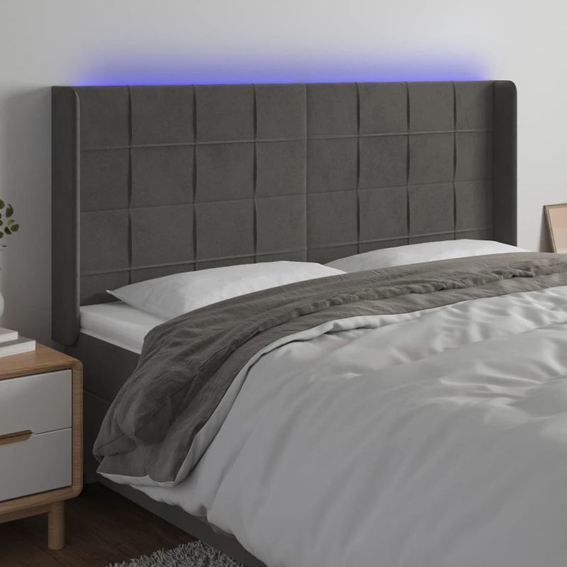 Casa si Gradina - Mobilier - Paturi si accesorii - Accesorii paturi - Tablie de pat cu LED, gri inchis, 163x16x118/128 cm, catifea - Infinity.ro
