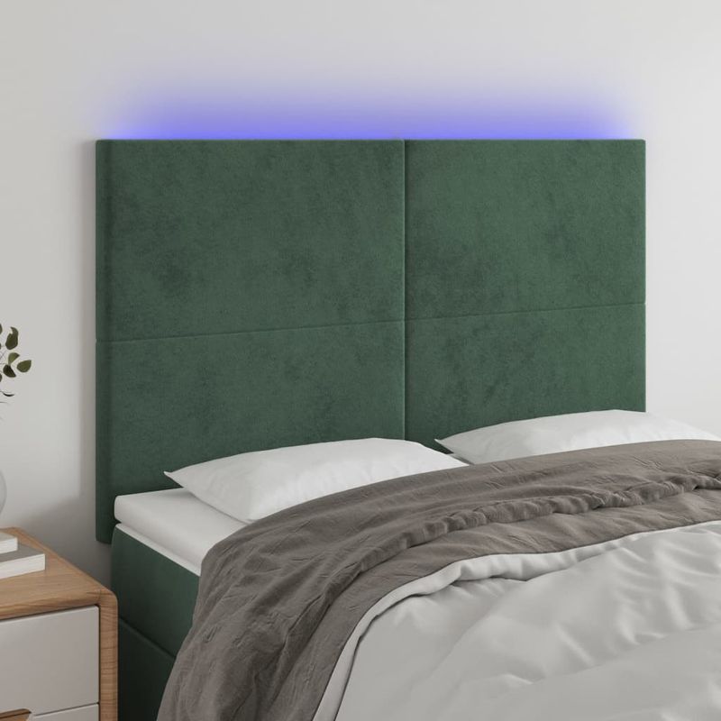 Casa si Gradina - Mobilier - Paturi si accesorii - Accesorii paturi - Tablie de pat cu LED, verde inchis, 144x5x118/128 cm, catifea - Infinity.ro