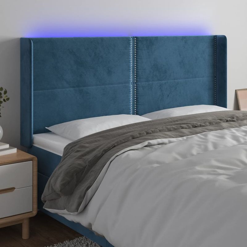 Casa si Gradina - Mobilier - Paturi si accesorii - Accesorii paturi - Tablie de pat cu LED, albastru inchis, 163x16x118/128cm catifea - Infinity.ro