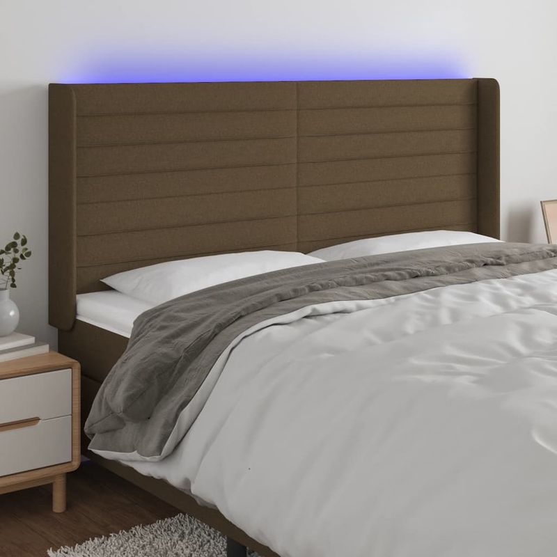 Casa si Gradina - Mobilier - Paturi si accesorii - Accesorii paturi - Tablie de pat cu LED, maro inchis, 163x16x118/128 cm, textil - Infinity.ro