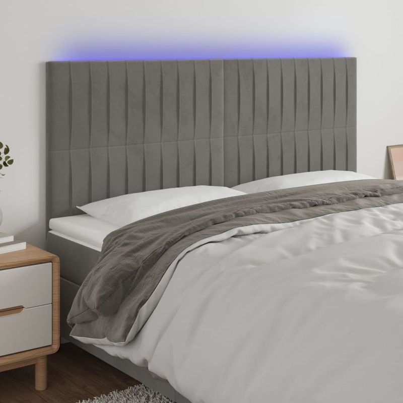 Casa si Gradina - Mobilier - Paturi si accesorii - Accesorii paturi - Tablie de pat cu LED, gri deschis, 160x5x118/128 cm, catifea - Infinity.ro