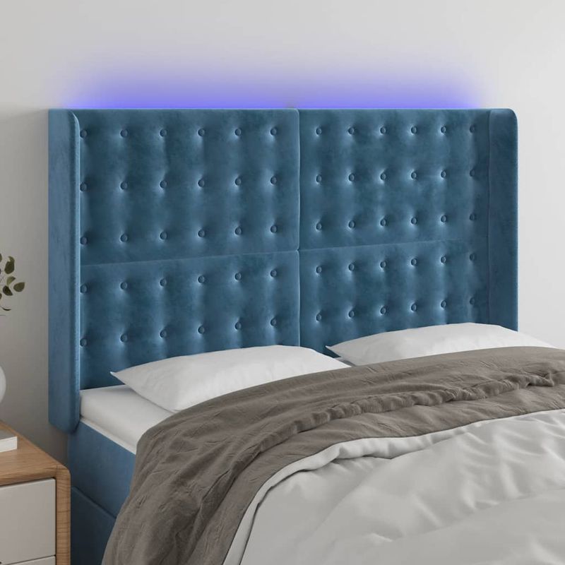 Casa si Gradina - Mobilier - Paturi si accesorii - Accesorii paturi - Tablie de pat cu LED, albastru inchis, 147x16x118/128cm catifea - Infinity.ro
