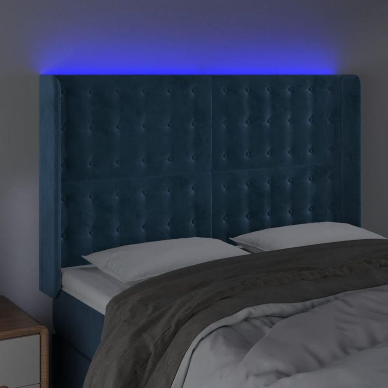 Casa si Gradina - Mobilier - Paturi si accesorii - Accesorii paturi - Tablie de pat cu LED, albastru inchis, 147x16x118/128cm catifea - Infinity.ro