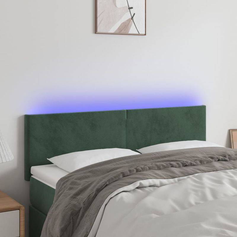 Casa si Gradina - Mobilier - Paturi si accesorii - Accesorii paturi - Tablie de pat cu LED, verde inchis, 144x5x78/88 cm, catifea - Infinity.ro