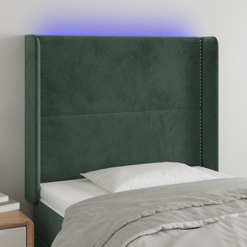 Casa si Gradina - Mobilier - Paturi si accesorii - Accesorii paturi - Tablie de pat cu LED, verde inchis, 93x16x118/128cm, catifea - Infinity.ro