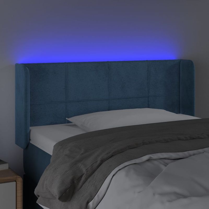 Casa si Gradina - Mobilier - Paturi si accesorii - Accesorii paturi - Tablie de pat cu LED, albastru inchis, 93x16x78/88 cm, catifea - Infinity.ro