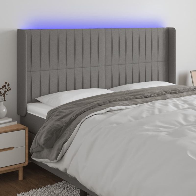 Casa si Gradina - Mobilier - Paturi si accesorii - Accesorii paturi - Tablie de pat cu LED, gri inchis, 163x16x118/128 cm, textil - Infinity.ro