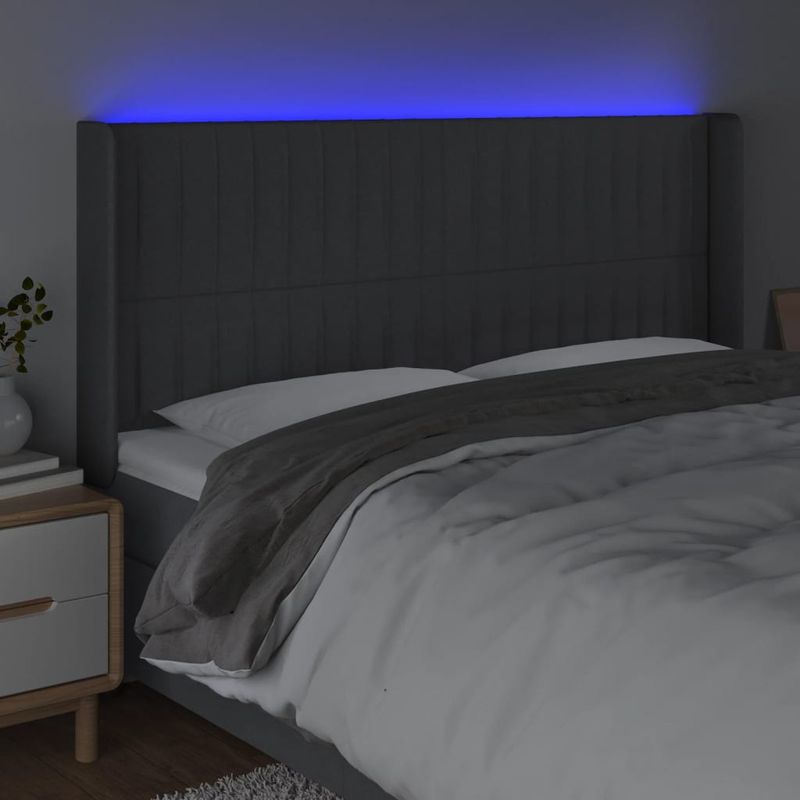 Casa si Gradina - Mobilier - Paturi si accesorii - Accesorii paturi - Tablie de pat cu LED, gri inchis, 163x16x118/128 cm, textil - Infinity.ro