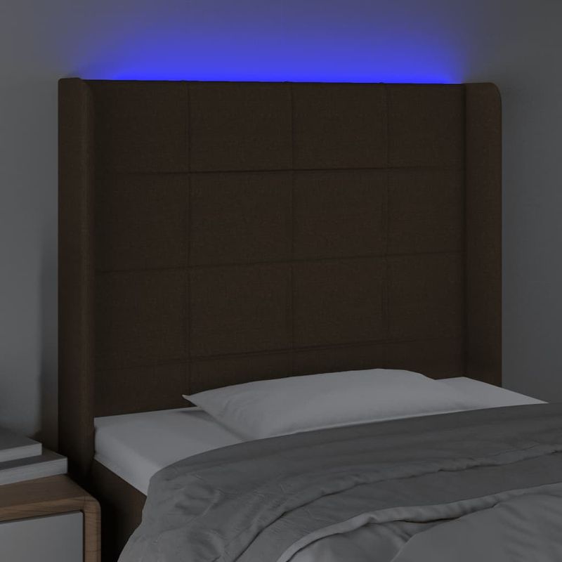 Casa si Gradina - Mobilier - Paturi si accesorii - Accesorii paturi - Tablie de pat cu LED, maro inchis, 93x16x118/128 cm, textil - Infinity.ro