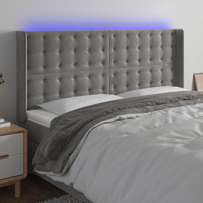 Casa si Gradina - Mobilier - Paturi si accesorii - Accesorii paturi - Tablie de pat cu LED, gri deschis, 203x16x118/128 cm, catifea - Infinity.ro