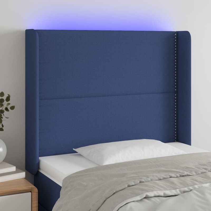 Casa si Gradina - Mobilier - Paturi si accesorii - Accesorii paturi - Tablie de pat cu LED, albastru, 93x16x118/128 cm, textil - Infinity.ro