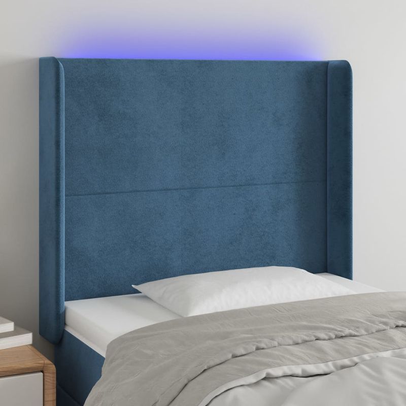 Casa si Gradina - Mobilier - Paturi si accesorii - Accesorii paturi - Tablie de pat cu LED, albastru inchis, 103x16x118/128cm catifea - Infinity.ro