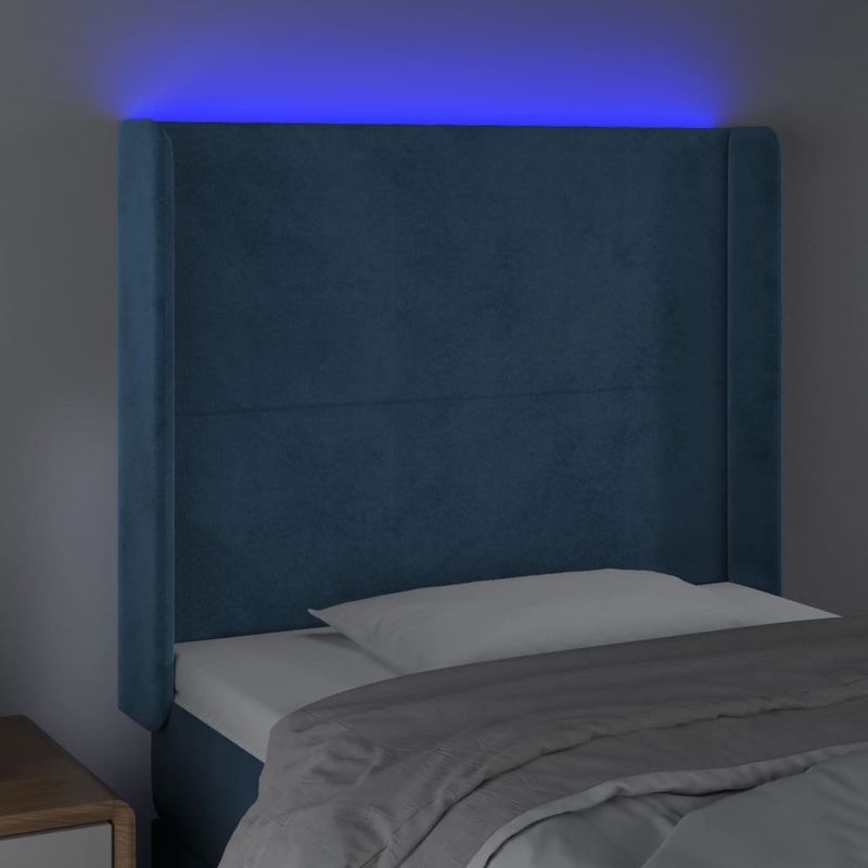 Casa si Gradina - Mobilier - Paturi si accesorii - Accesorii paturi - Tablie de pat cu LED, albastru inchis, 103x16x118/128cm catifea - Infinity.ro