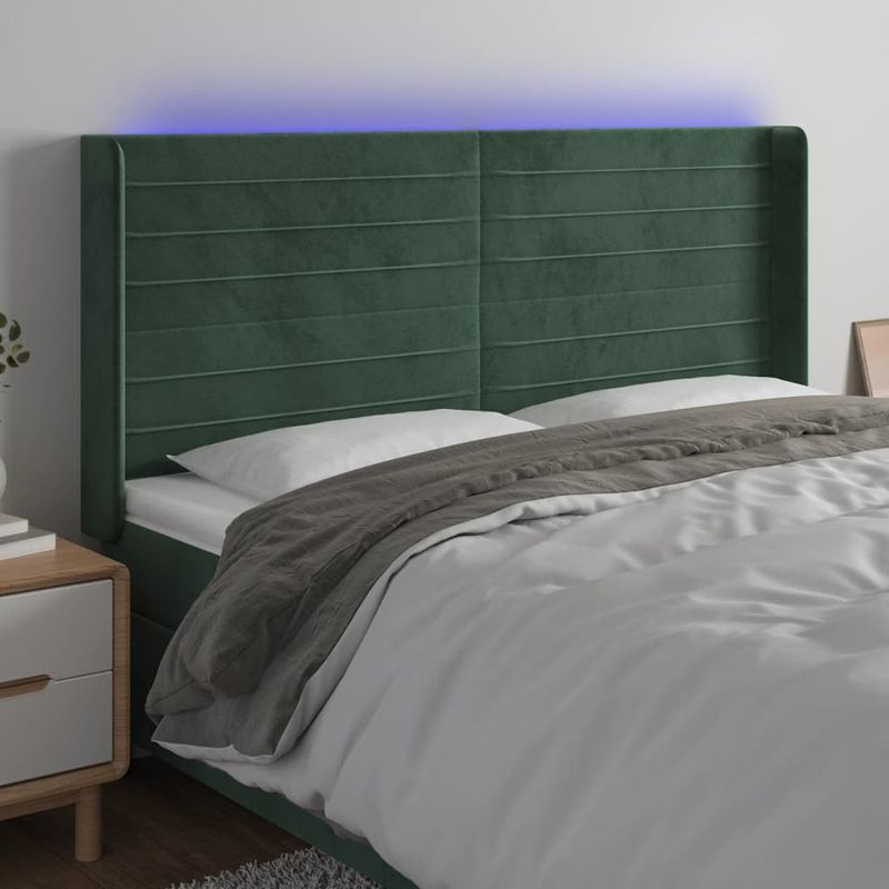 Casa si Gradina - Mobilier - Paturi si accesorii - Accesorii paturi - Tablie de pat cu LED, verde inchis, 163x16x118/128 cm, catifea - Infinity.ro