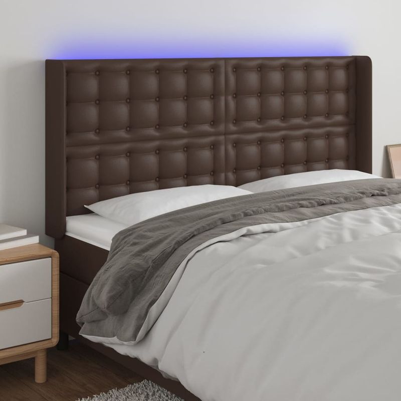 Casa si Gradina - Mobilier - Paturi si accesorii - Accesorii paturi - Tablie de pat cu LED, maro, 147x16x118/128 cm, piele ecologica - Infinity.ro