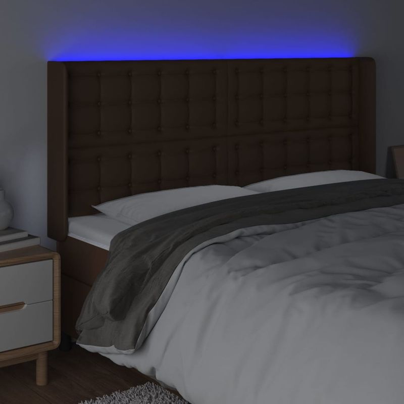 Casa si Gradina - Mobilier - Paturi si accesorii - Accesorii paturi - Tablie de pat cu LED, maro, 147x16x118/128 cm, piele ecologica - Infinity.ro