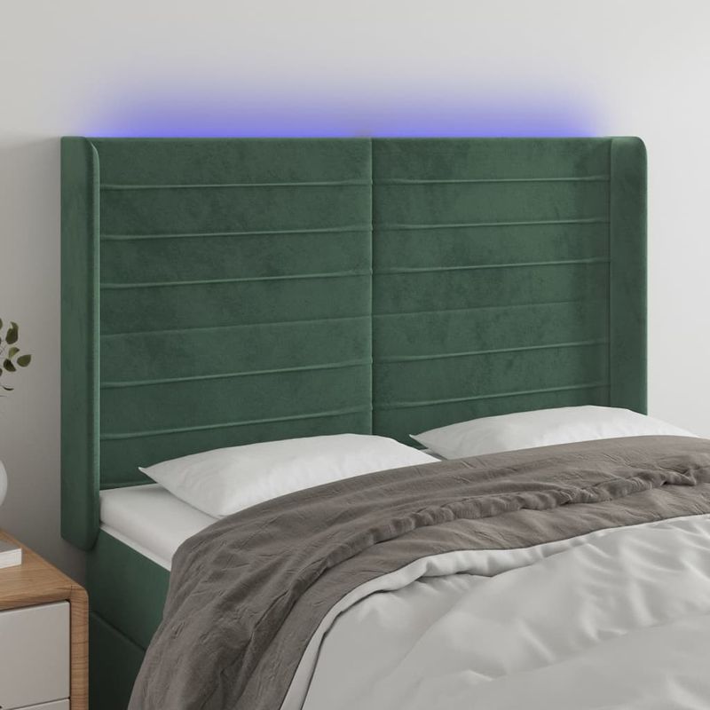 Casa si Gradina - Mobilier - Paturi si accesorii - Accesorii paturi - Tablie de pat cu LED, verde inchis, 147x16x118/128 cm, catifea - Infinity.ro