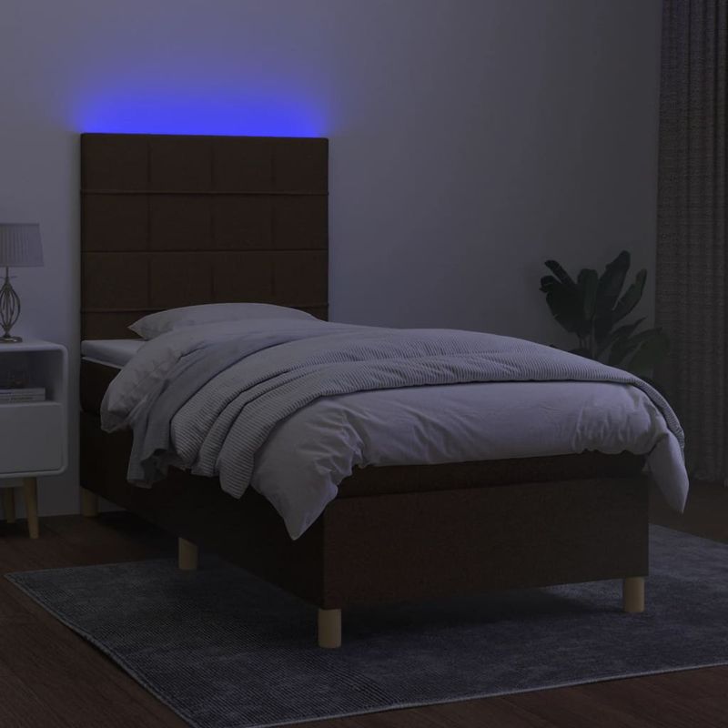 Casa si Gradina - Mobilier - Paturi si accesorii - Paturi - Pat cu arcuri, saltea si LED, maro inchis, 90x190 cm, textil - Infinity.ro