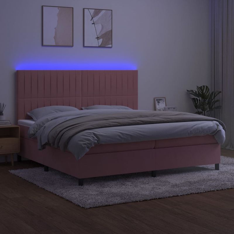 Casa si Gradina - Mobilier - Paturi si accesorii - Paturi - Pat continental cu saltea & LED, roz, 200x200 cm, catifea - Infinity.ro