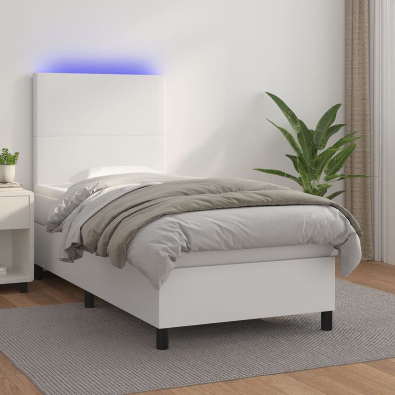 Casa si Gradina - Mobilier - Paturi si accesorii - Paturi - Pat continental cu saltea & LED, alb, 90x200 cm, piele eco - Infinity.ro