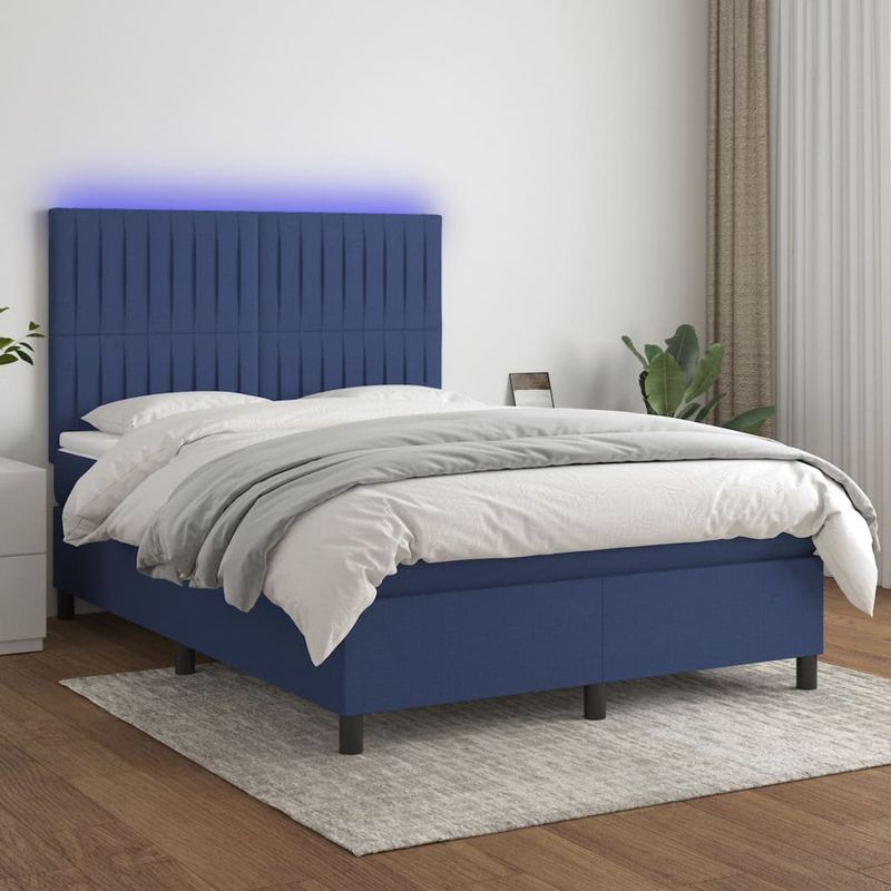 Casa si Gradina - Mobilier - Paturi si accesorii - Paturi - Pat cu arcuri, saltea si LED, albastru, 140x190 cm, textil - Infinity.ro