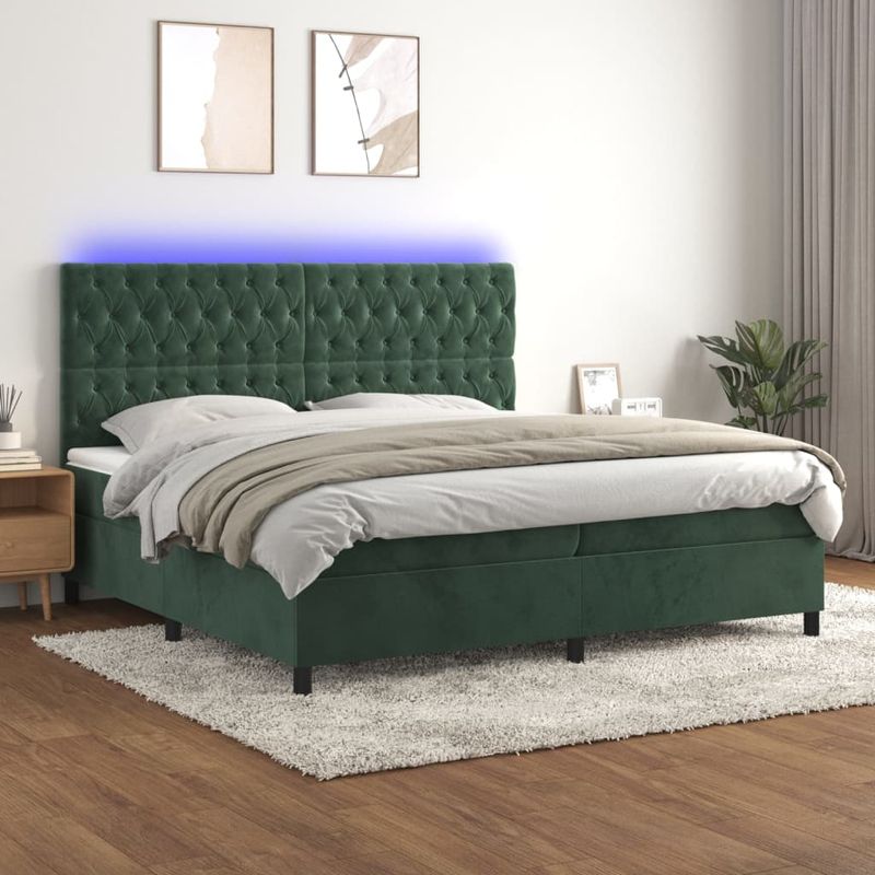Casa si Gradina - Mobilier - Paturi si accesorii - Paturi - Pat cu arcuri, saltea si LED, verde inchis, 200x200 cm, catifea - Infinity.ro