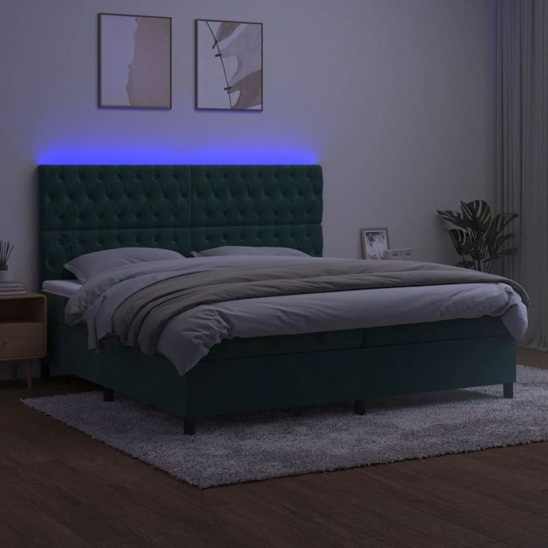 Casa si Gradina - Mobilier - Paturi si accesorii - Paturi - Pat cu arcuri, saltea si LED, verde inchis, 200x200 cm, catifea - Infinity.ro