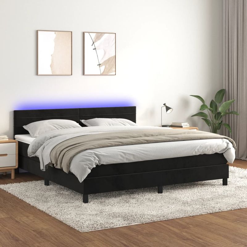 Casa si Gradina - Mobilier - Paturi si accesorii - Paturi - Pat cu arcuri, saltea si LED, negru, 160x200 cm, catifea - Infinity.ro