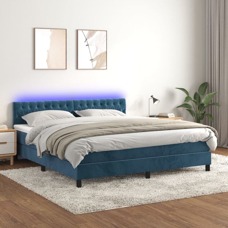 Casa si Gradina - Mobilier - Paturi si accesorii - Paturi - Pat cu arcuri, saltea si LED, bleumarin, 160x200 cm, catifea - Infinity.ro