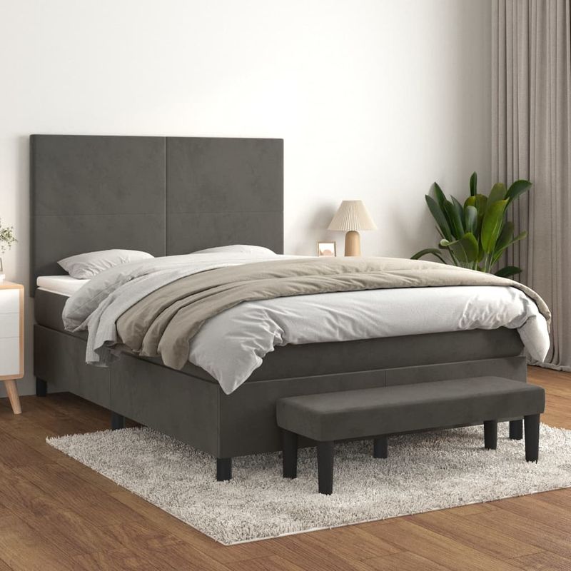 Casa si Gradina - Mobilier - Paturi si accesorii - Paturi - Pat box spring cu saltea, gri inchis, 140x190 cm, catifea - Infinity.ro