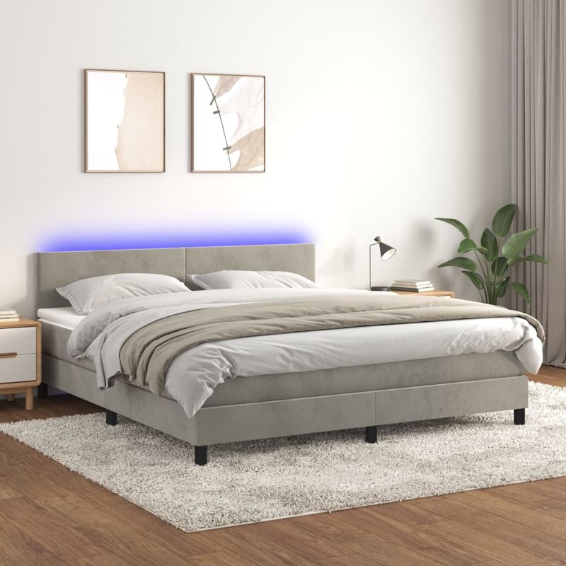 Casa si Gradina - Mobilier - Paturi si accesorii - Paturi - Pat cu arcuri, saltea si LED, gri deschis, 160x200 cm, catifea - Infinity.ro