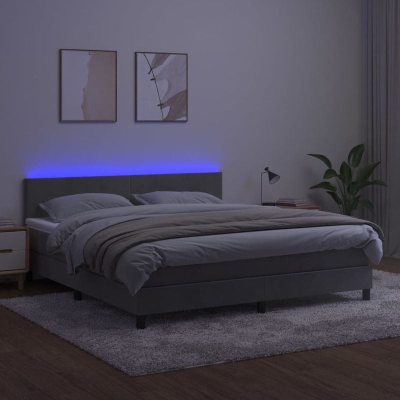 Casa si Gradina - Mobilier - Paturi si accesorii - Paturi - Pat cu arcuri, saltea si LED, gri deschis, 160x200 cm, catifea - Infinity.ro