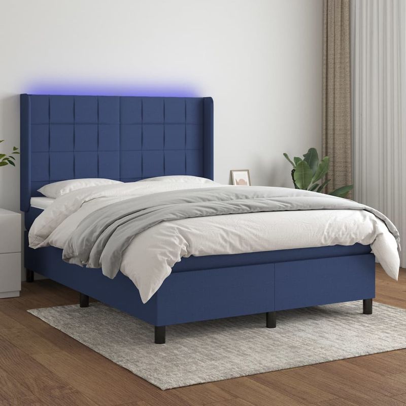 Casa si Gradina - Mobilier - Paturi si accesorii - Paturi - Pat cu arcuri, saltea si LED, albastru, 140x200 cm, textil - Infinity.ro