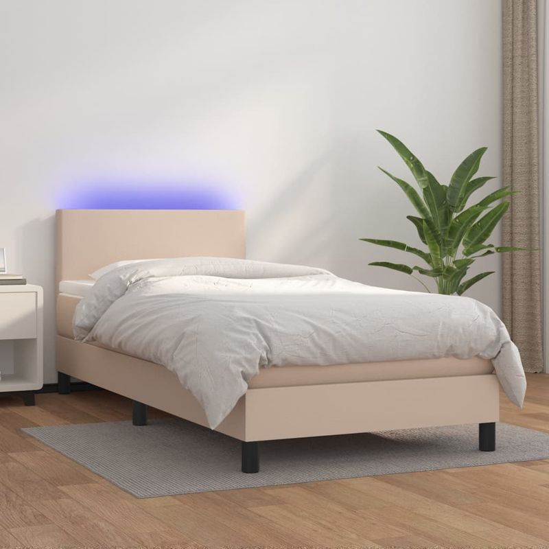 Casa si Gradina - Mobilier - Paturi si accesorii - Paturi - Pat cu arcuri, cu saltea si LED cappuccino 100x200 cm piele eco - Infinity.ro