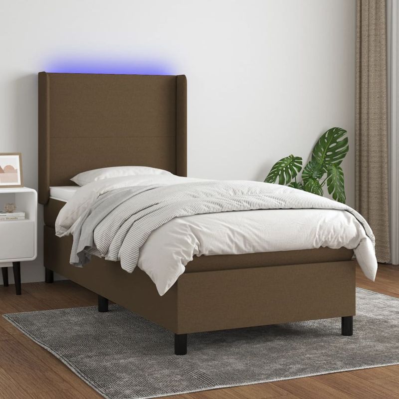 Casa si Gradina - Mobilier - Paturi si accesorii - Paturi - Pat cu arcuri, saltea si LED, maro inchis, 90x190 cm, textil - Infinity.ro