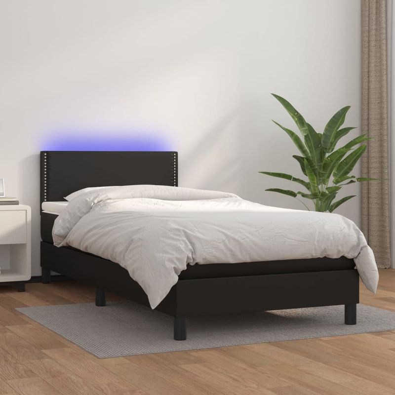 Casa si Gradina - Mobilier - Paturi si accesorii - Paturi - Pat cu arcuri, saltea si LED, negru, 90x200 cm, piele ecologica - Infinity.ro