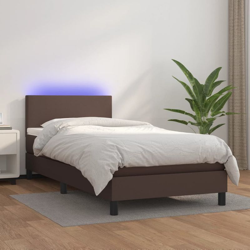 Casa si Gradina - Mobilier - Paturi si accesorii - Paturi - Pat cu arcuri, saltea și LED, maro, 100x200 cm, piele ecologica, model design simplu - Infinity.ro