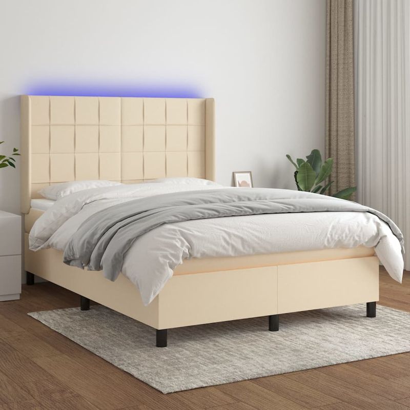 Casa si Gradina - Mobilier - Paturi si accesorii - Paturi - Pat cu arcuri, saltea si LED, crem, 140x190 cm, textil - Infinity.ro