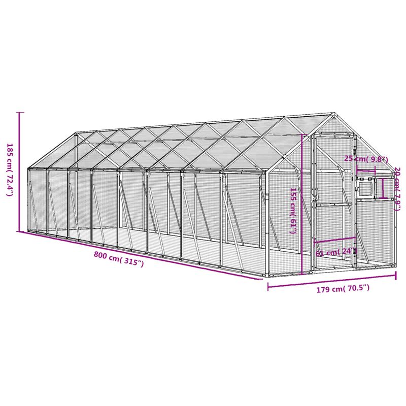 Petshop - Accesorii petshop - Culcusuri si custi - Tarcuri si colivii - Voliera de pasari, argintiu, 1,79x8x1,85 m, aluminiu - Infinity.ro