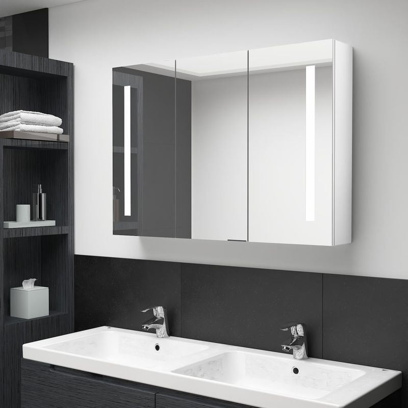 Casa si Gradina - Mobilier - Mobilier baie - Corpuri baie - Dulap de baie cu oglinda si LED, alb stralucitor, 89x14x62 cm - Infinity.ro