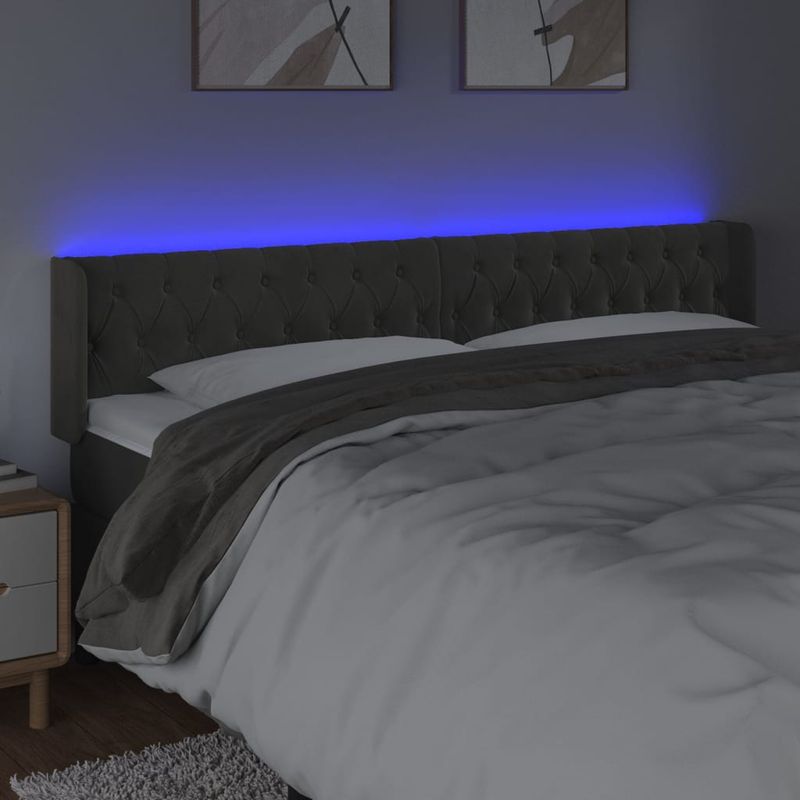 Casa si Gradina - Mobilier - Paturi si accesorii - Accesorii paturi - Tablie de pat cu LED, gri inchis, 203x16x78/88 cm, catifea - Infinity.ro